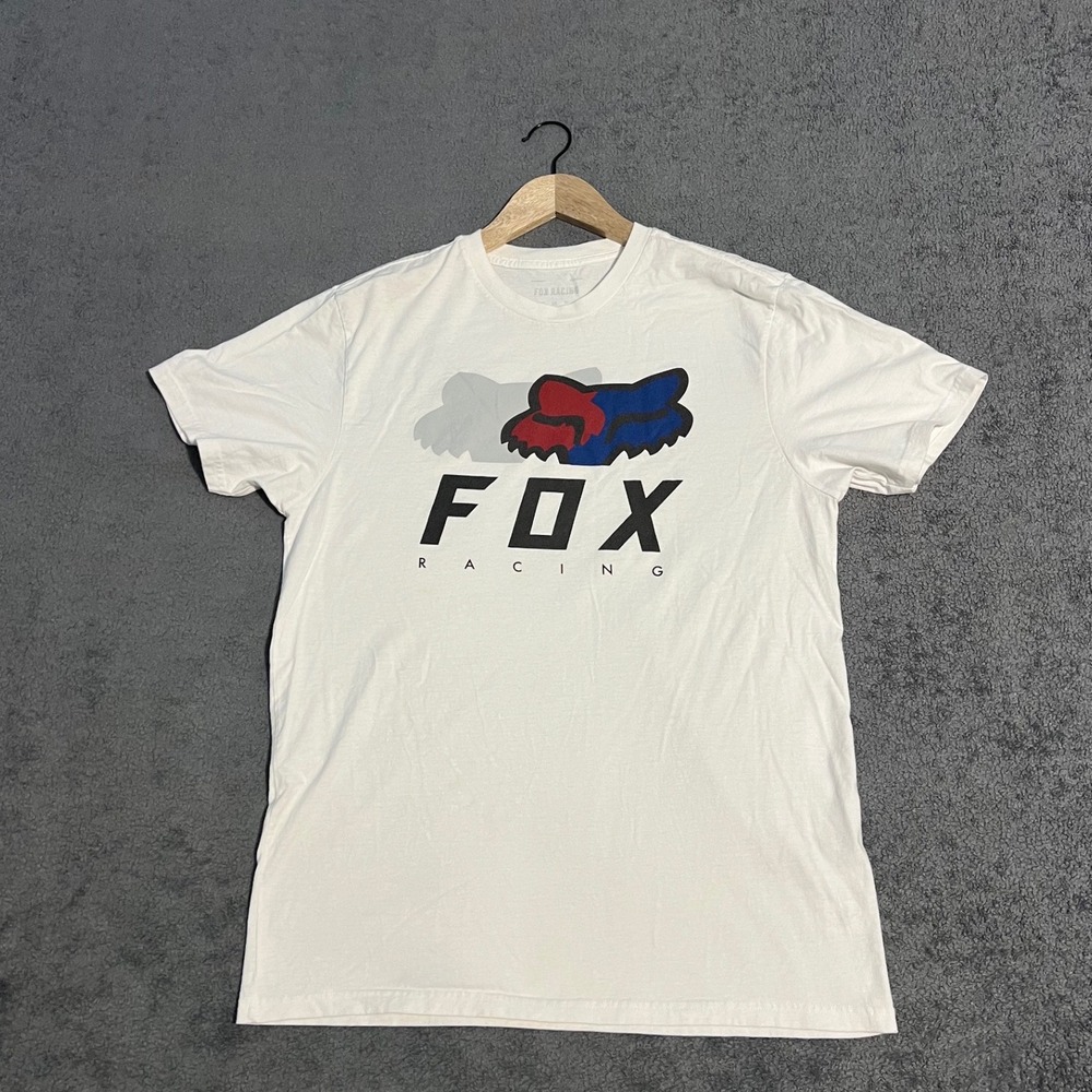 Vintage Y2K Fox Racing Mens Shirt White Large Red Blue Logo Motocross Tee